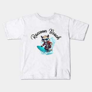 Raccoon Surfing - Raccoon Beach (Black Lettering) Kids T-Shirt